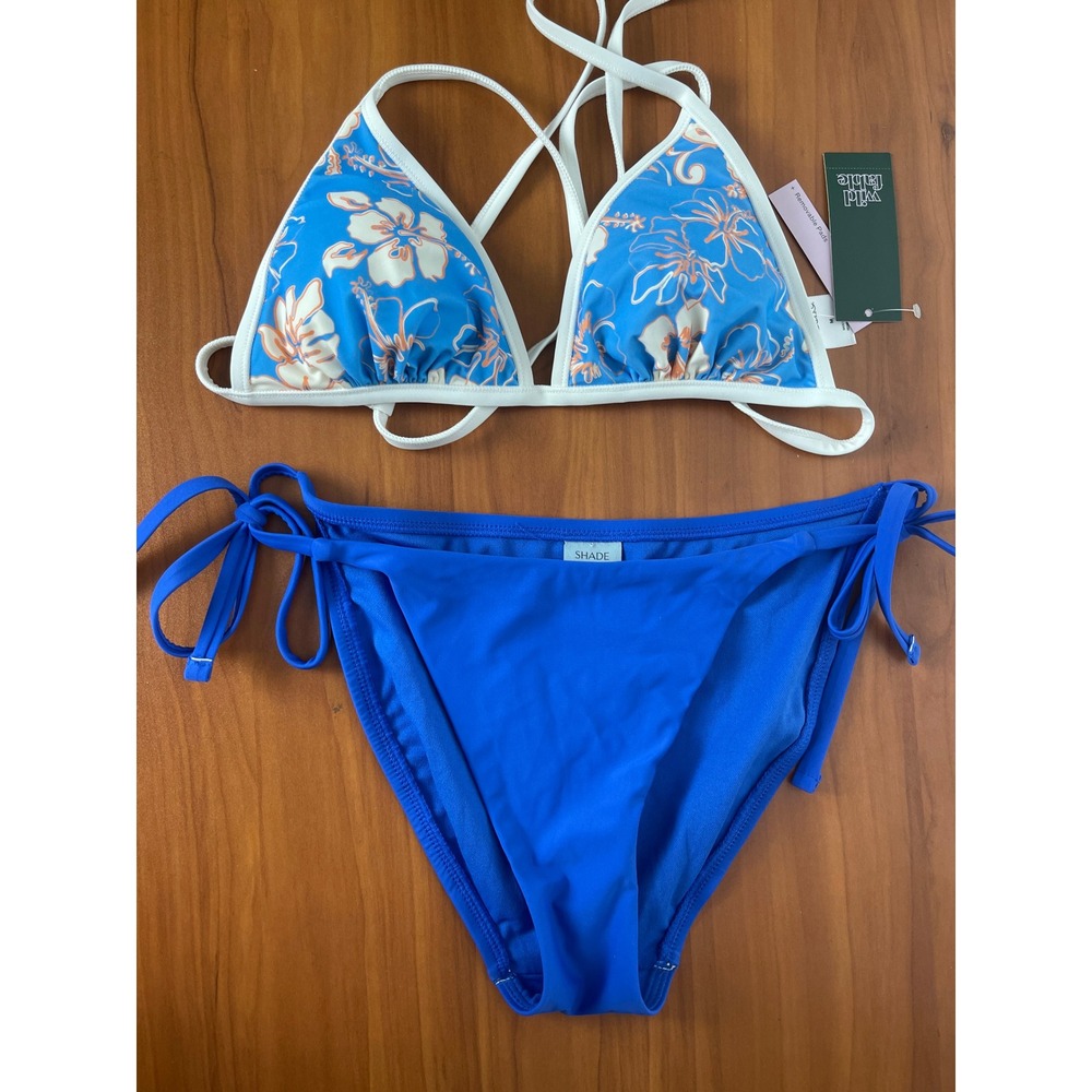 2-piece Blue Floral Bikini Set‎ Triangle Top Side Tie Cheeky Bottom Medium